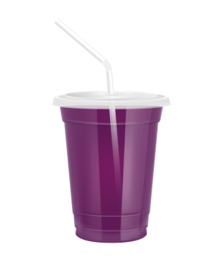 Plastik bardaktaki meyve suyu gibi şeffaf. Düz kapaklı ve saman tüplü cam. Mor su, tasarım, içecek, kafe ya da restoranlar için. Paketleme içeceği 3D Gerçekçi PNG.