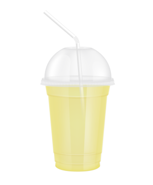 Plastik bardaktaki meyve suyu gibi şeffaf. Bardak kapaklı ve saman tüplü. Tasarım için sarı su menü kafesi ya da restoranlar için. Paketleme içeceği 3D Gerçekçi PNG.