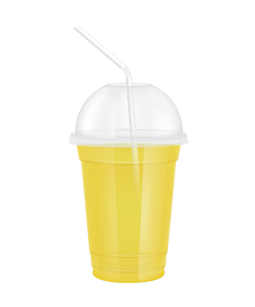 Plastik bardaktaki meyve suyu gibi şeffaf. Bardak kapaklı ve saman tüplü. Tasarım için sarı su menü kafesi ya da restoranlar için. Paketleme içeceği 3D Gerçekçi PNG.