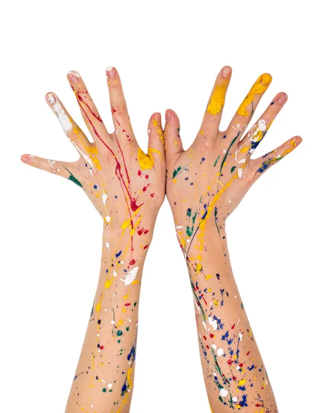 Las manos de mujer en pintura hacen una forma libre — Foto de Stock