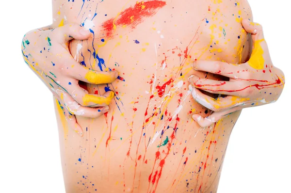 Colorata giovane donna di nuovo in vernice tenersi per mano — Foto Stock