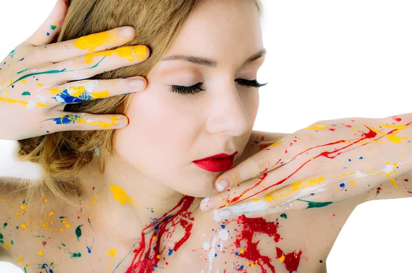 Woman portrait with closed eyes in paint with red lips isolated — Stock Photo, Image