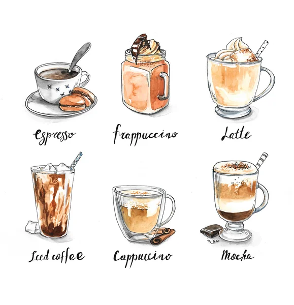 Koleksiyonu farklı kahve - espresso, frappuccino, latte, ben — Stok fotoğraf