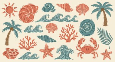 Elle çizilmiş denizcilik ve tropikal elementlerin (kabuklar, yengeç, mercan, palmiye, dalgalar) modaya uygun bir linocut / ahşap kesim tarzında retro vektör kümesi. Yüksek kalite pazarlama, tekstil modelleri ve seyahat brandisi için ideal.
