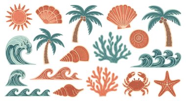 El yapımı boho tarzı yaz ve okyanus elementleri koleksiyonu. Güneş, deniz kabukları, palmiye ağaçları, mercan, yengeç ve deniz dalgalarını içerir. Plaj tatil beldesi posterleri, seyahat promosyonları, tekstil ürünleri için ideal.