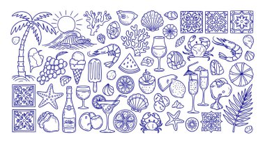 Tatil ikonları içeren vektör karalama koleksiyonu: palmiye ağacı, deniz ürünleri (yengeç, karides, kabuk), kokteyller, dondurma ve Portekiz Azulejo fayansları. Menüler, ambalaj veya yaz sıvazlaması için ideal klip sanatı