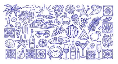 Mavi tek renkli elementlerin kusursuz yatay deseni / sınırı: palmiye ağaçları, güneş, dalgalar, yengeç, karides, kokteyller, şarap ve çiçek seramikleri. Yaz menüleri, tekstil veya t için ideal vektör karalaması