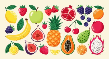 Modern düz vektör tarzında yapılmış ananas, böğürtlen, limon, muz ve ejderha meyvelerinden oluşan renkli bir meyve çeşidi. Beslenme rehberleri için ideal değer, j