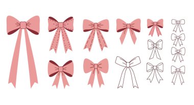 Şirin pembe kurdele fiyonkları ve çizgileri olan vektör çizim seti. Tatil paketleri, hediye paketleri, hatıra defterleri, kadınsı markalar, Sevgililer Günü kartları ve şenlikli kazlar için mükemmel dekoratif öğeler.