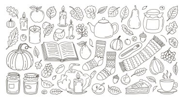 Temel düşüş ve hasat öğelerini içeren siyah ve beyaz ana hatlı vektör seti: kabaklar, yapraklar, mumlar, desenli çoraplar, çay, pasta, kitaplar ve böğürtlen. Renklendirme sayfaları, baskılar, desenler için mükemmel