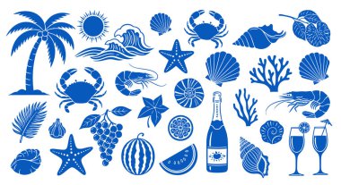 Tropikal yaz tatili, plaj ve deniz yaşamı elementleri (palmiye ağacı, güneş, dalga, yengeç, karides, kabuk, meyve, kokteyl) içeren büyük mavi vektör siluetleri. Patte için ideal grafik varlıkları