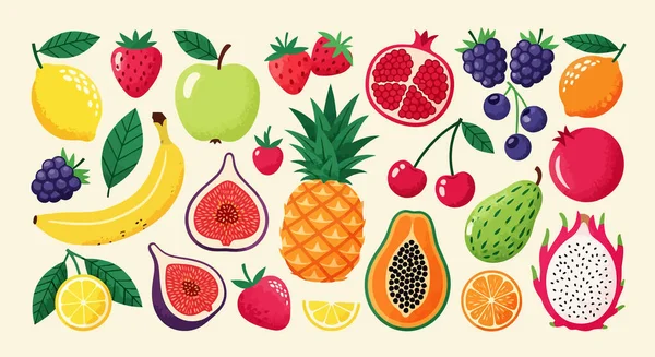 Modern düz vektör tarzında yapılmış ananas, böğürtlen, limon, muz ve ejderha meyvelerinden oluşan renkli bir meyve çeşidi. Beslenme rehberleri için ideal değer, j