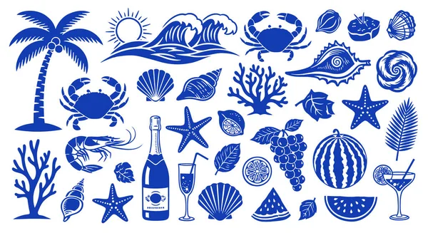 Yazın yüksek kaliteli vektör siluetleri ve deniz kenarı ikonları: yengeçler, denizyıldızı, kabuklar, mercanlar, palmiye ağaçları, dalgalar, meyveler (karpuz, limon), şampanya ve kokteyller. Tropik B için mükemmel bir koleksiyon.