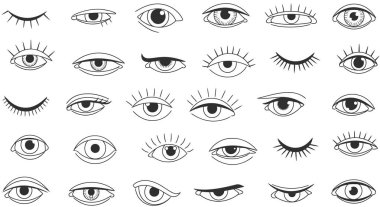 Çeşitli ifadelerde biçimlendirilmiş siyah ve beyaz göz sembolleri koleksiyonu (açık, kapalı, göz kırpma). Şablon tasarımı, markalaşması, kozmetik ambalajı, dövme sanatı, ruhsal pazarlama ve moda tekstili için uygun çizgi sanat vektör grafikleri.