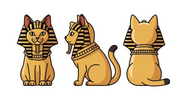 Şirin bir Mısırlı kedi firavunun profesyonel üç aşamalı dönüş vektörü. Tarihi karakter tasarımı, eğitim simgeleri, oyun maskotları ve antik mitoloji markalaşma projeleri için idealdir..
