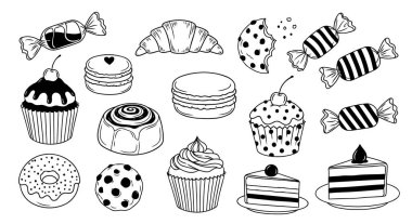 Kapkekler, çörekler, kurabiyeler, kurabiyeler ve şekerler içeren siyah beyaz çizgili sanat eserleri koleksiyonu. Menüler, pastane logoları, boyama sayfaları ve sosyal medya markalaşması için ideal.