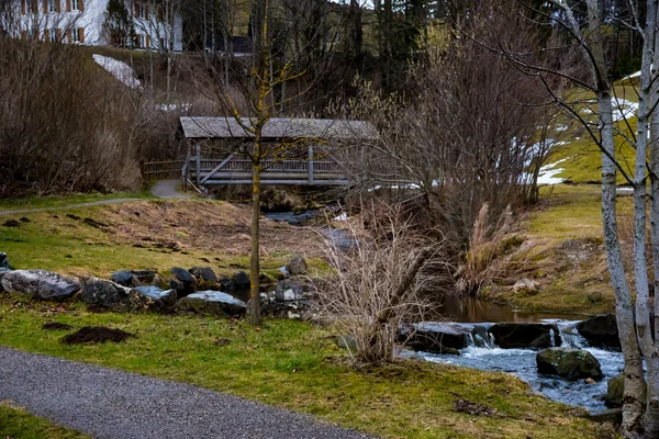 Деревянный мост снег и вода — стоковое фото