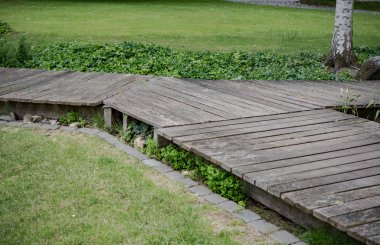 Trekking yol boyunca bir ormandaki ahşap köprü
