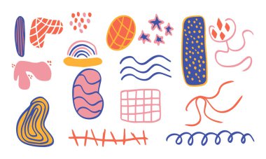 Elle çizilmiş organik renkli soyut karalama şekilleri. Organik Doğa 'nın farklı şekil ve boyutlardaki elementleri. Vektör illüstrasyon kavramı