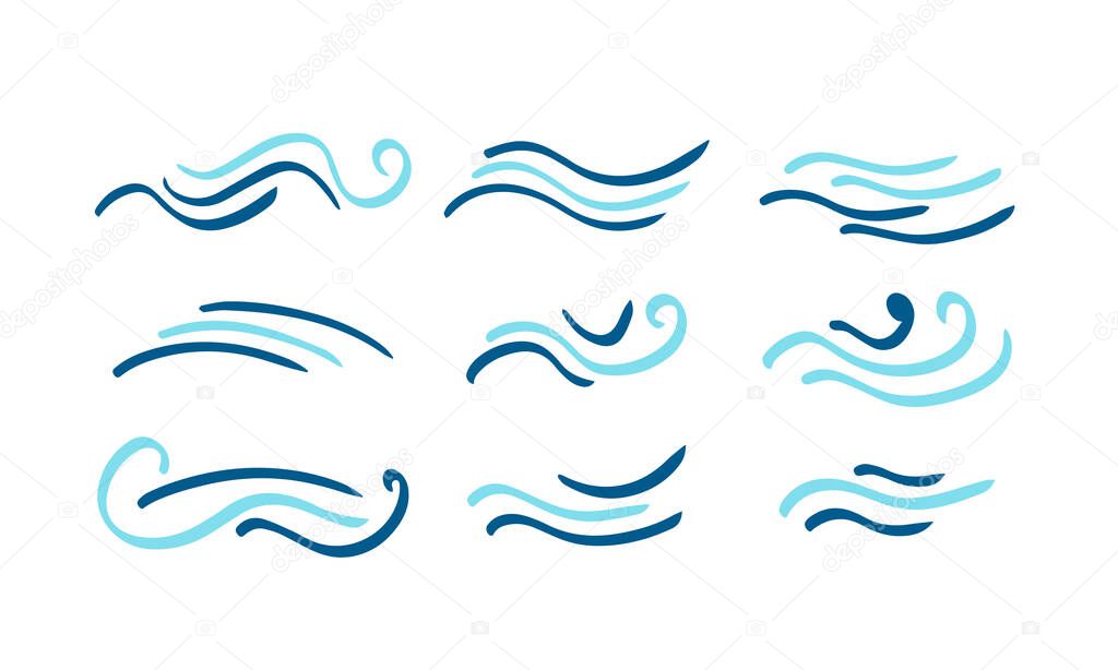 Set of abstract waves logo concept in blue colors and different shapes. Creative elements for design. Vector illustration collection