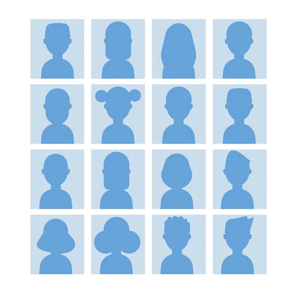 Conjunto Elegante Avatares Silhueta Azul Homens Mulheres Avatares Retratam Ícones — Vetor de Stock