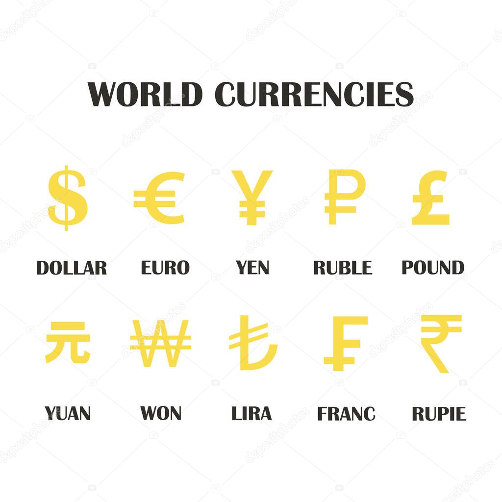 World currency sign set of different countries such as dollar, euro, ruble and others. Vector illustration collection of currencies icon