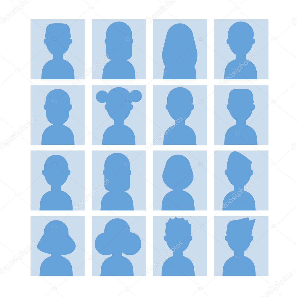 Elegant set of blue silhouette avatars of men and women. Avatar people portrait icons anonymous. Vector illustration
