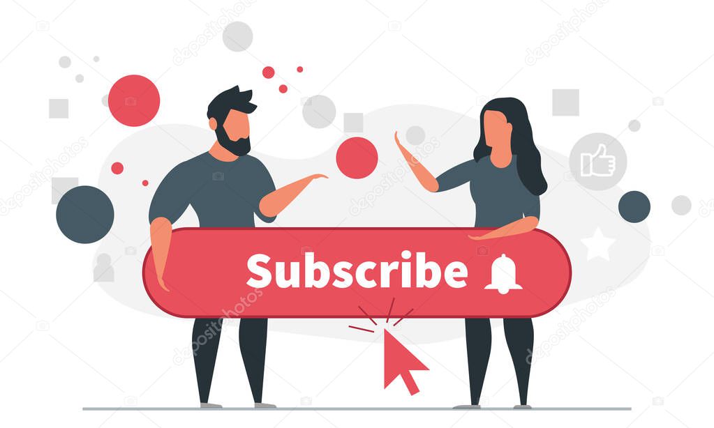 Subscriber concept illustration, man and woman hold a subscribe button with a call to click. People and their followers concept vector illustration