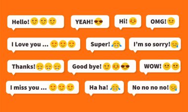 Farklı metin ve ifadeli cep telefonu mesajları. Mobil tartışma emojis vektör illüstrasyonu sosyal medya