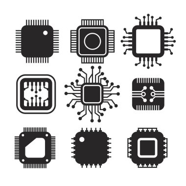 Düz simge tasarımı siyah renkli modern Cpu koleksiyonu. Elektronik işlemci çipi donanımı. Teknik işlemci birimi beyaz üzerine izole edildi