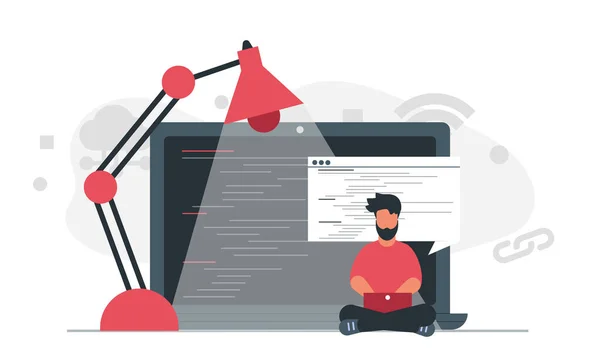 男性プログラマーがノートパソコンにコードを入力しています 専門家のオフィスワークは コンピュータベクトルのイラストの概念でコードを入力 — ストックベクタ