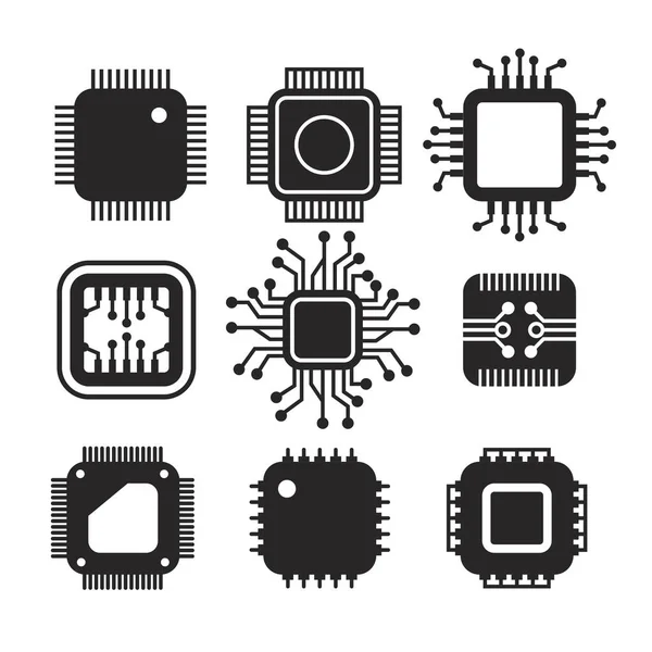 Düz simge tasarımı siyah renkli modern Cpu koleksiyonu. Elektronik işlemci çipi donanımı. Teknik işlemci birimi beyaz üzerine izole edildi