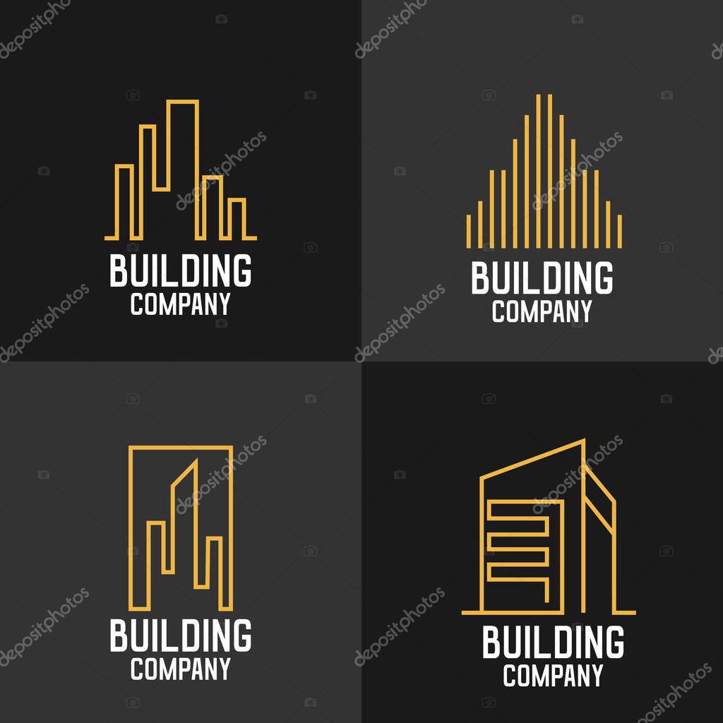 Modern real estate logotypes set. Golden house icon logo isolated black. Building real estate gold sign architecture shape vector illustration