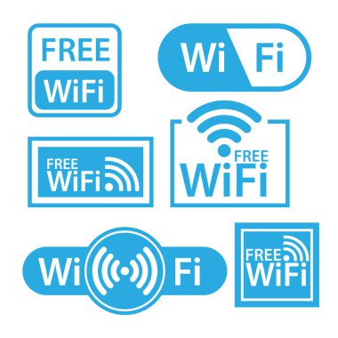 Düz dizaynlı beyaz ve mavi kablosuz etiketler. Ücretsiz internet kablosuz ağ etiketi. Web kablosuz alanı halka açık nokta ücretsiz internet vektör illüstrasyonuName