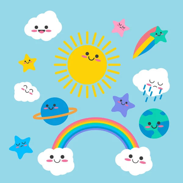 Raccolta Caratteri Cielo Kawaii Disegnati Mano Inizio Terra Pianeta Nube — Vettoriale Stock