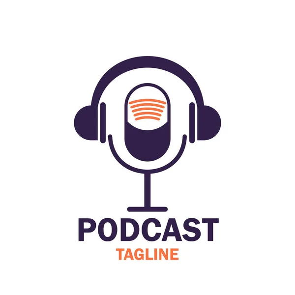 Ayrıntılı podcast logo şablonu çizimi. Müzik mikrofon ikonu beyazları izole etti. Yayın işareti logo podcast vektör sembolü
