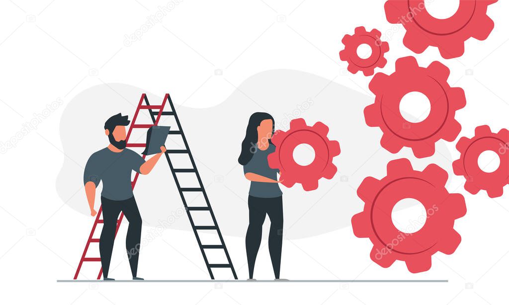 Organization of business with people together. Man and woman planning and doing business team concept vector illustration with gear