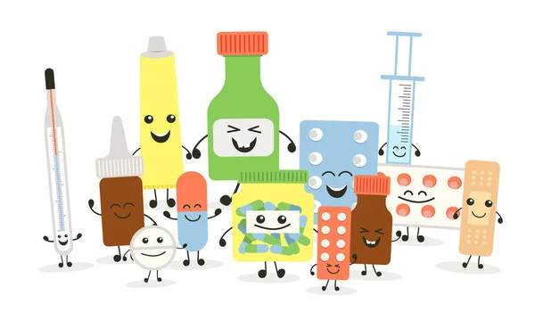 Αστείο Σετ Χαπιών Φαρμάκων Χιούμορ Ιατρική Συλλογή Emoticons Χάπια Γελοιογραφία — Διανυσματικό Αρχείο
