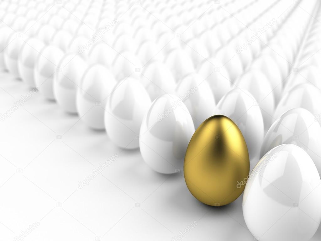 One golden egg among white ones, easter concept