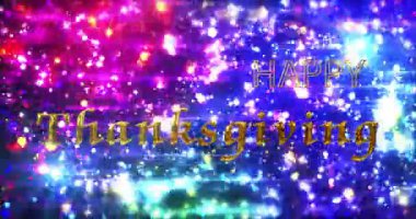 Mutlu Şükran Günü 2025, Parıltılı Festival Kutlama Animasyonu 4K. Güzel metalik Şükran Günü metni animasyonu, peri tozu ve ışıldayan parçacıklar. Renkli toplanma neşeli bg.
