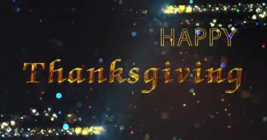 Mutlu Şükran Günü 2025, Parıltılı Festival Kutlama Animasyonu 4K. Güzel metalik Şükran Günü metni animasyonu, peri tozu ve ışıldayan parçacıklar. Renkli toplanma neşeli bg.