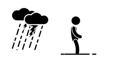 Şiddetli yağmurda koşan bir adam, zorluklara ve sert hava koşullarına rağmen ilerlemeye kararlı ve ısrarlı.