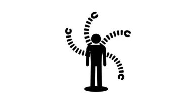 Kod kalıplarıyla çevrili bir insan figürü veri etkileşimini, yapay zekayı ve dijital evrimle insan işbirliğini sembolize eder.