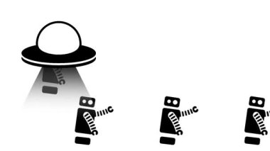Bir grup robot havada süzülen UFO 'lardan inerek Dünya' daki dünya dışı bir istilanın başlangıcını işaret ediyor.
