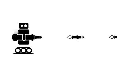 Bir robot, teknolojik savaş ve üstünlüğü simgeleyen yoğun bir saldırganlık eylemiyle bir hedefe füzeler fırlatıyor.