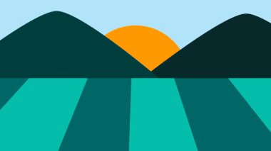 Geometrik soyutlamayla dağların arkasından yükselen stilize güneş, yapılandırılmış minimalist sanatla umudu, yenilenmeyi ve doğal güzelliği temsil ediyor.