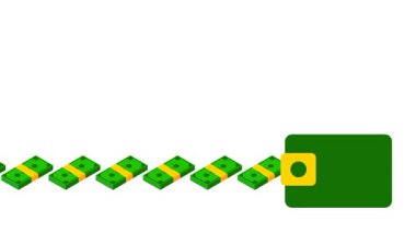 Para transferlerini, dijital işlemleri ve modern ödeme sistemlerinin entegrasyonunu sembolize eden bir cüzdana bağlanan dijital banknotlar akışı