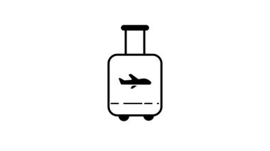 Bir uçuş sembolü taşıyan yuvarlanan bavul seyahat kabiliyetini, temel şeyleri gösteren, ve hava yolculuğu ve uluslararası hedef keşfi için hazır hareket
