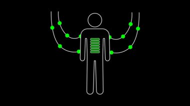 Yeşil okları ve güç göstergelerine sahip bir kişi simgesi yenilenme yoluyla enerji kurtarma ve dengeyi sembolize ederek yenilenme, yeniden yükleme ve canlandırmayı temsil eder.