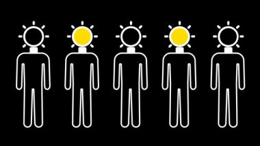 Her birinin üzerinde parlak bir fikri olan, yaratıcılık ve paylaşılan yenilikçi düşüncelerle dolu kollektif bir ortamı temsil eden birden fazla figür yer alıyor.